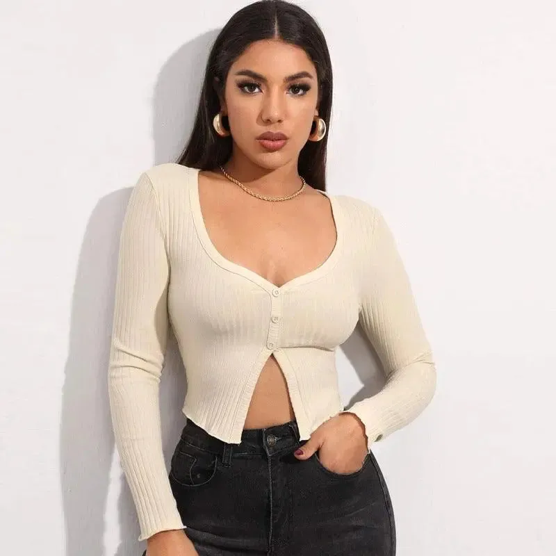 Chic Ribbed Button-Front Crop Top