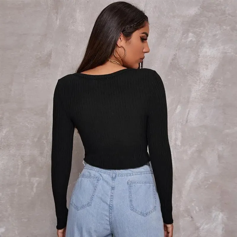 Chic Ribbed Button-Front Crop Top