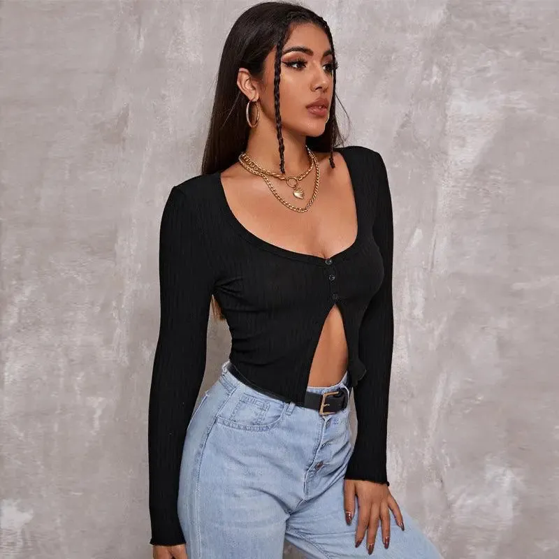 Chic Ribbed Button-Front Crop Top