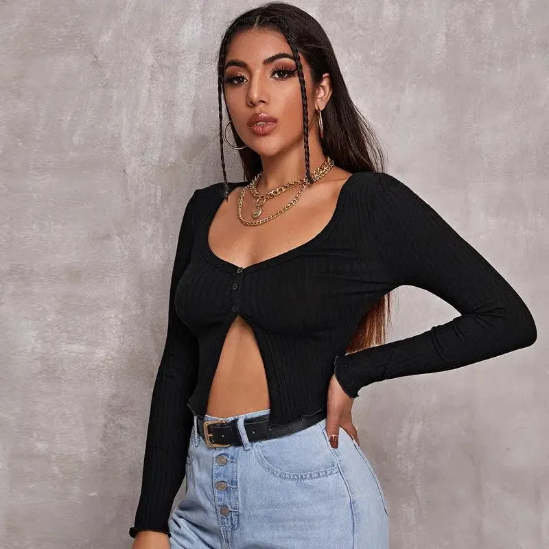 Chic Ribbed Button-Front Crop Top