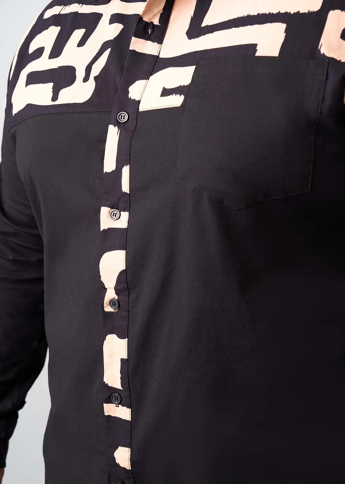 Chike Men's African Print Button-up Shirt (Black Tan Geometric)