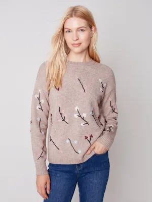 Crewneck Drop Shoulder Sweater with Flower Embroideries