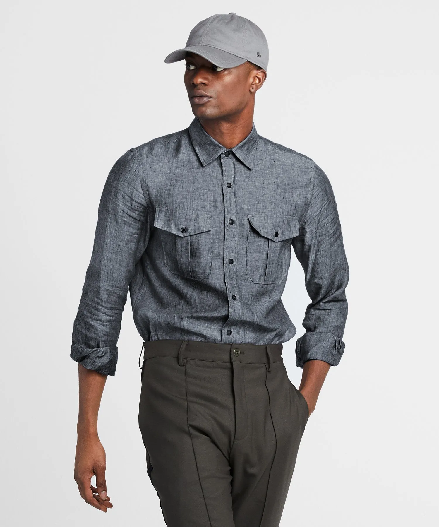Italian Two Pocket Linen Utility Long Sleeve Shirt in Navy