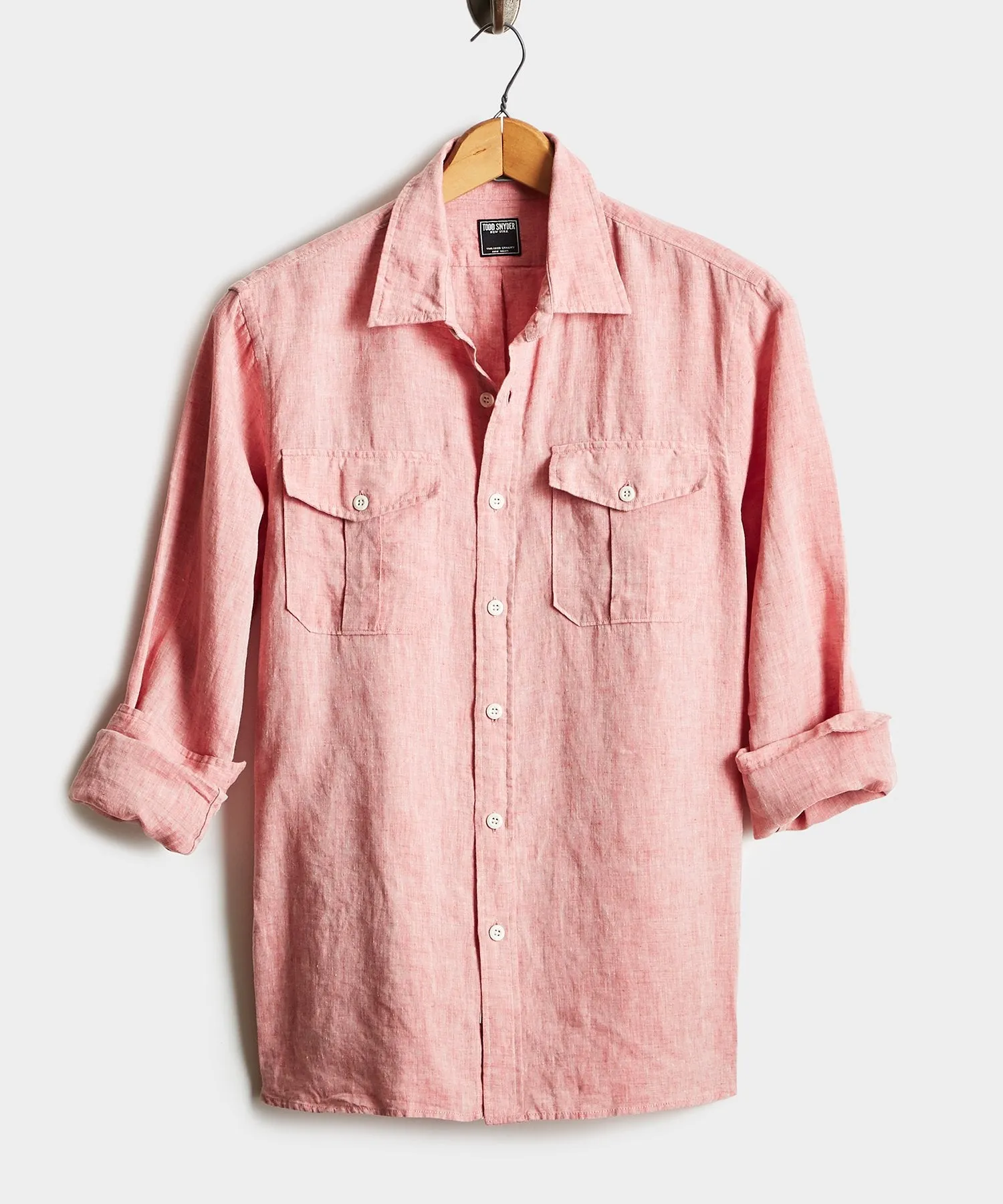 Italian Two Pocket Linen Utility Long Sleeve Shirt in Red