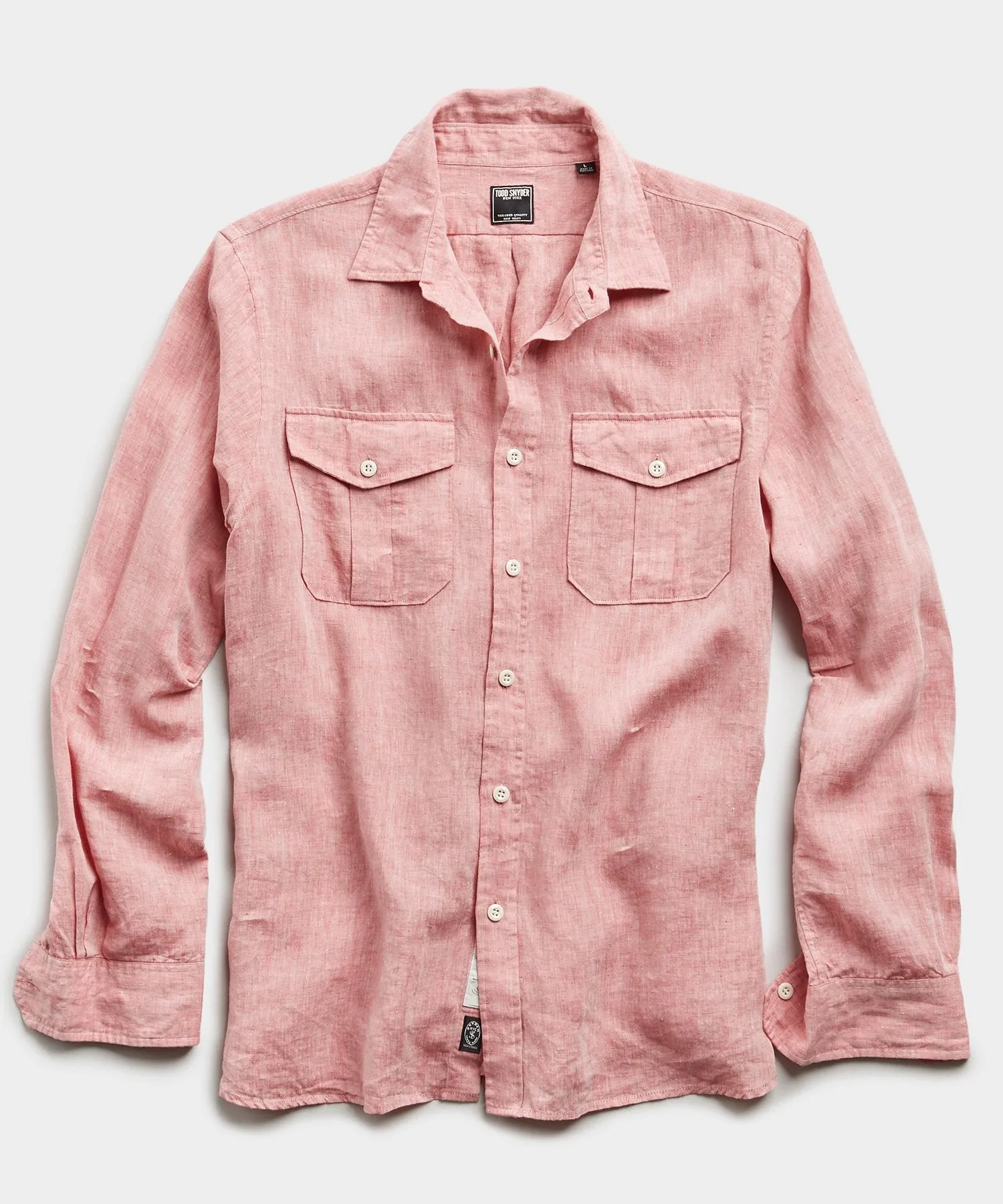 Italian Two Pocket Linen Utility Long Sleeve Shirt in Red