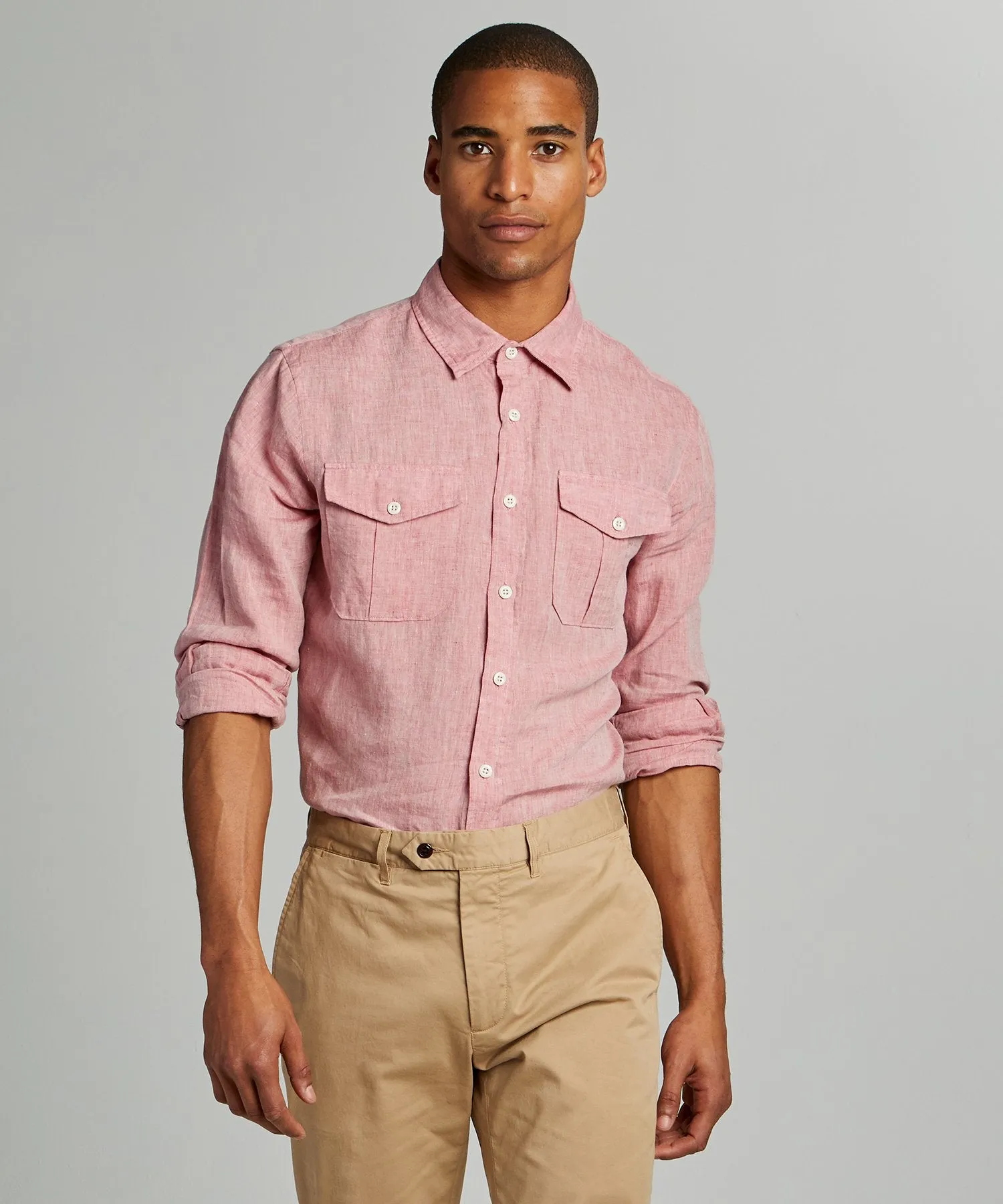 Italian Two Pocket Linen Utility Long Sleeve Shirt in Red