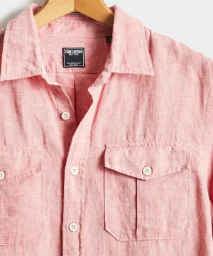 Italian Two Pocket Linen Utility Long Sleeve Shirt in Red