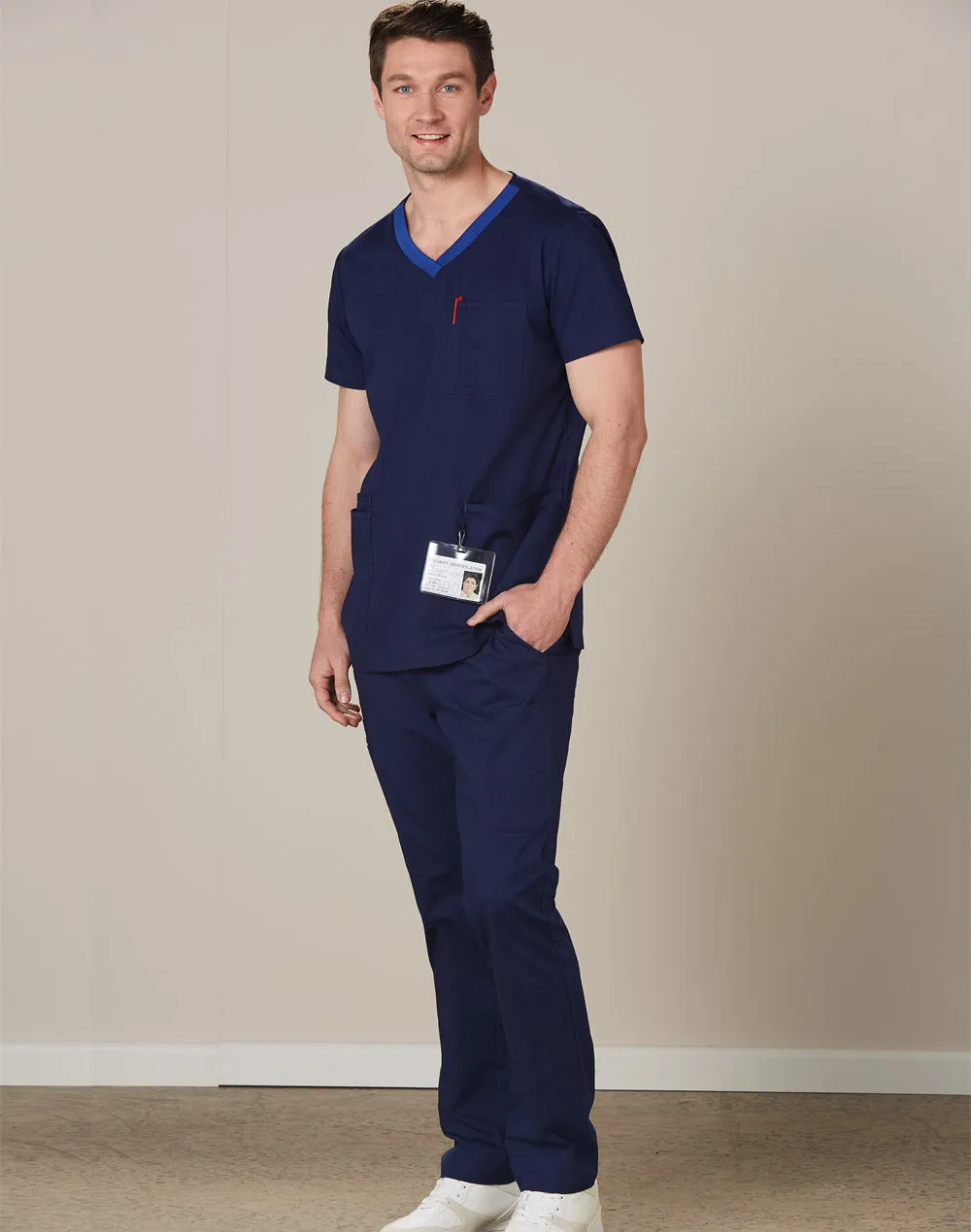 Mens V-Neck Contrast Trim Scrub Tops - M7650