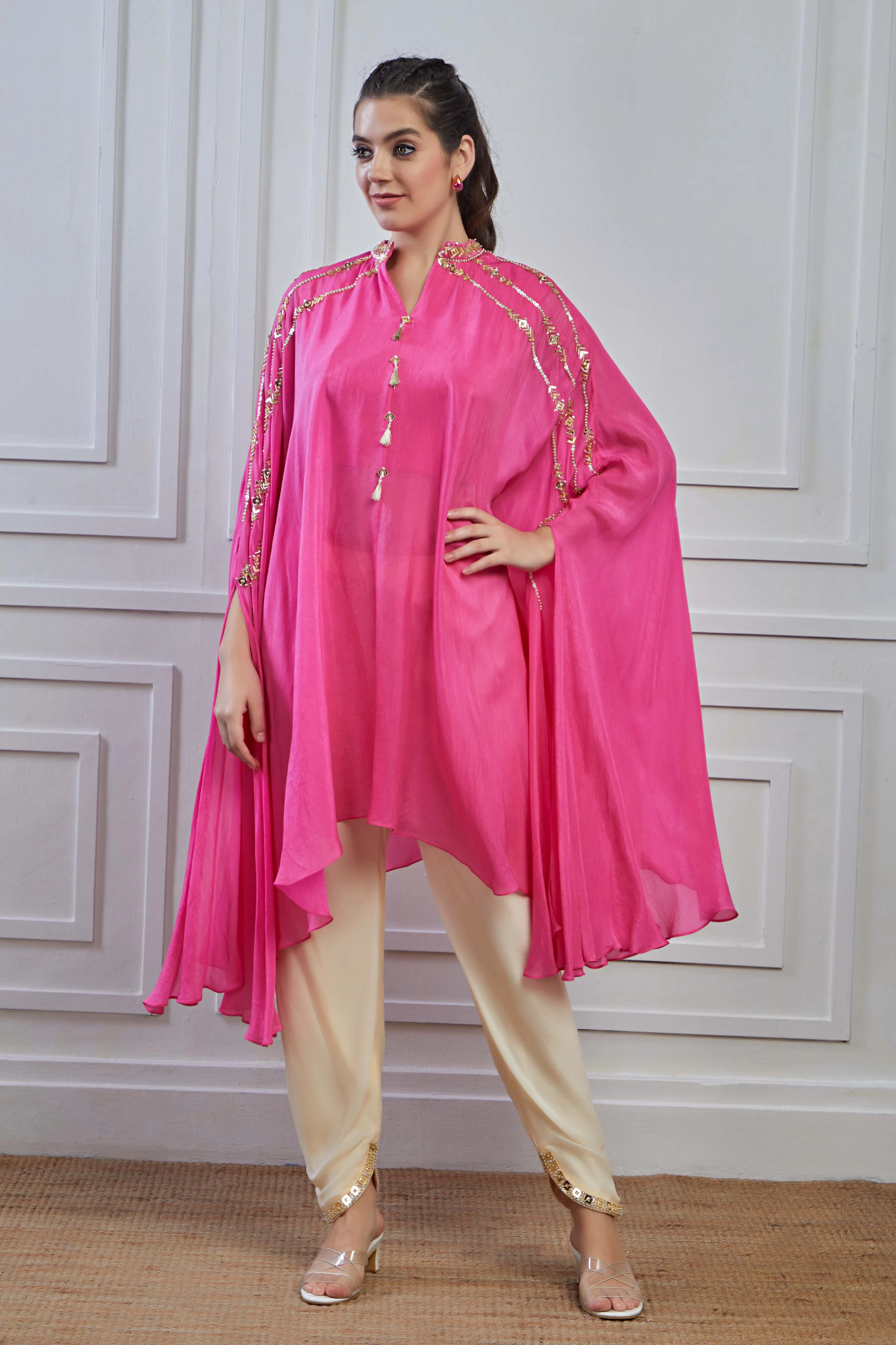 Pink Embellished Crepe Silk Kaftan Dhoti Set