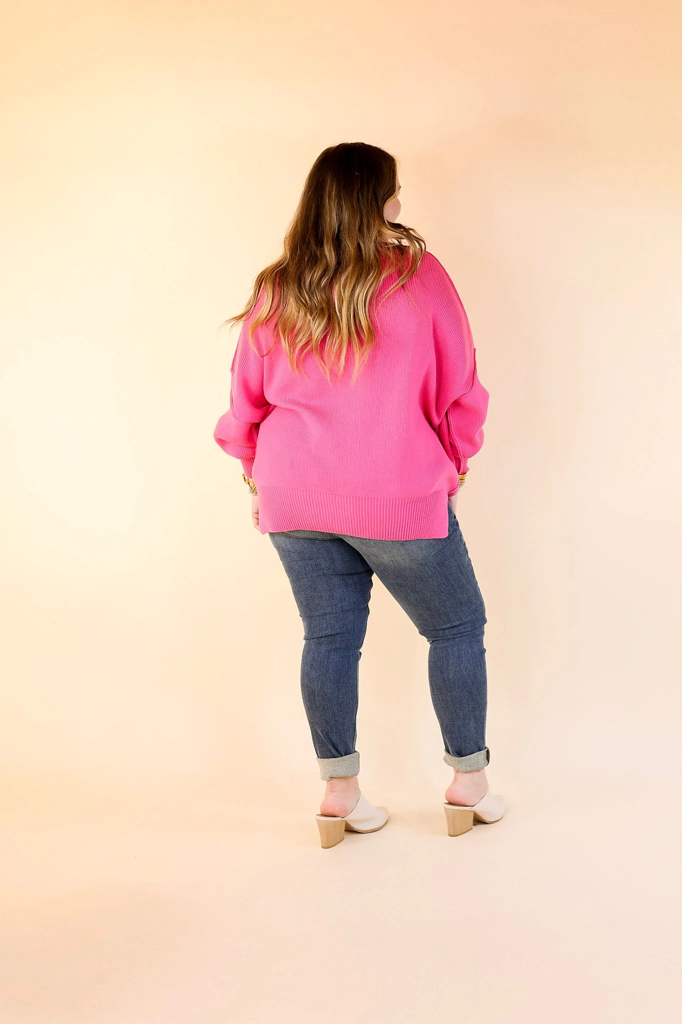 Snug and Stylish Mock Neck Sweater with Side Slit in Fuchsia Pink