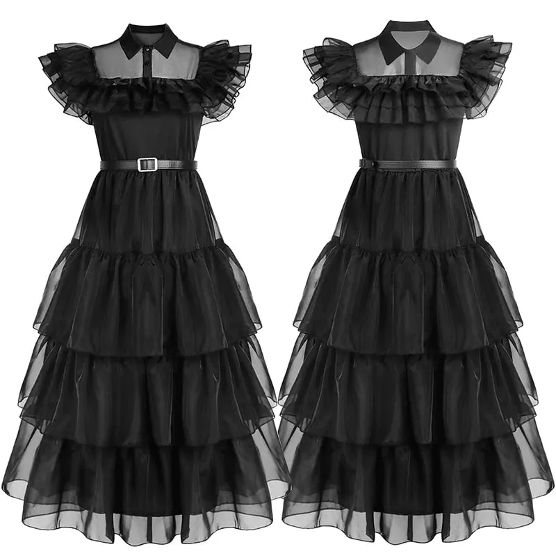 Wednesday Addams Cosplay Dress for Girl Kids | Black Gothic Dresses Halloween Party