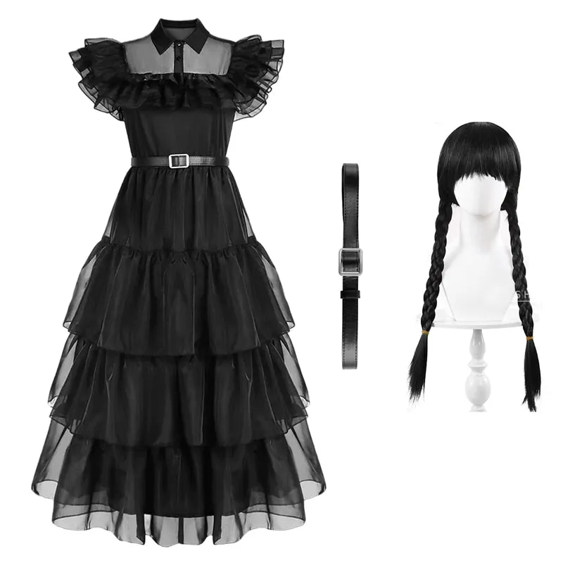 Wednesday Addams Cosplay Dress for Girl Kids | Black Gothic Dresses Halloween Party