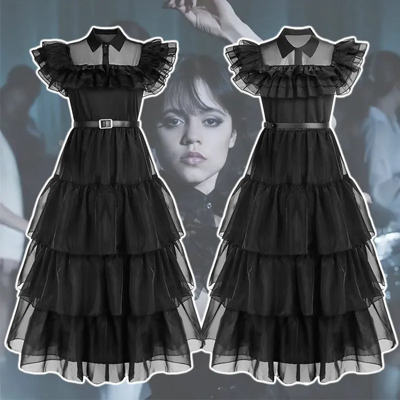 Wednesday Addams Cosplay Dress for Girl Kids | Black Gothic Dresses Halloween Party